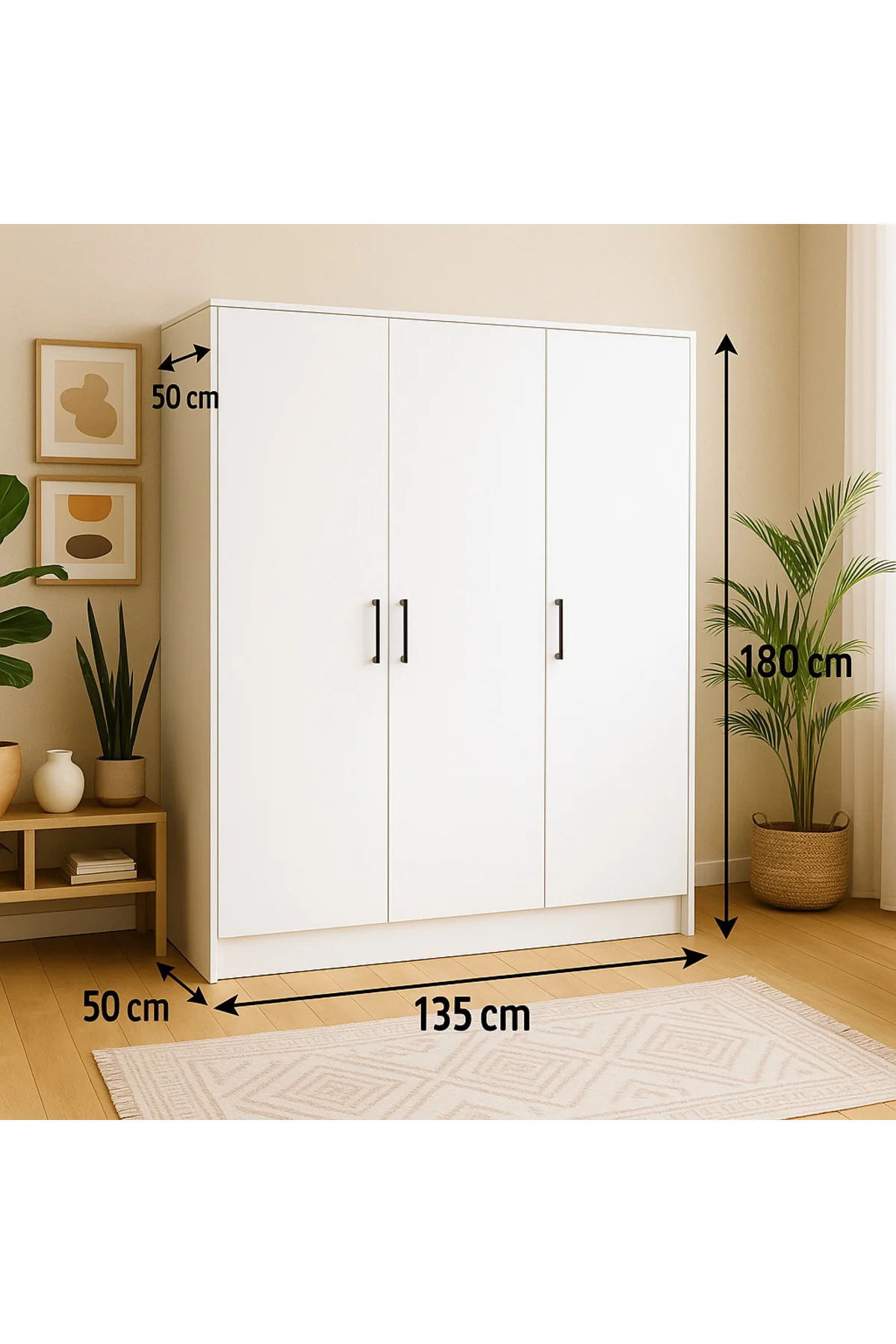 %100 Mdf 3 Kapaklı Yüklük Dolap | 180X135X50 cm | Beyaz – Modern Çok Amaçlı Gardrop