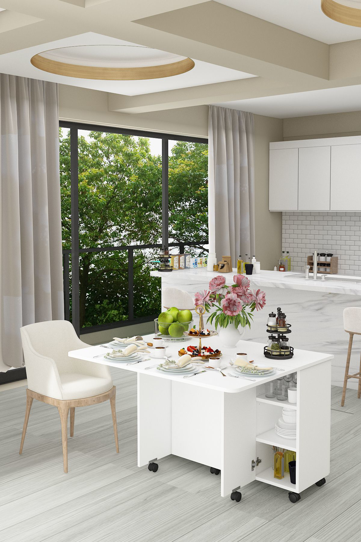 %100 Mdflam Mutfak Adası Yemek Masası Kahve Köşesi MA-02 BEYAZ