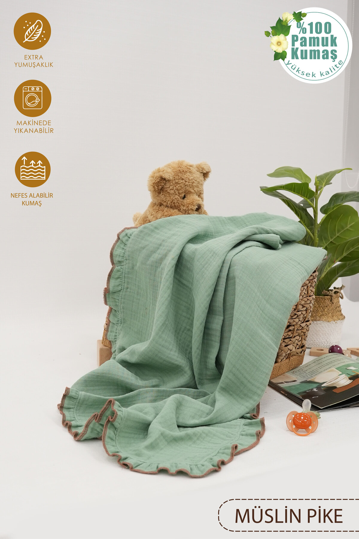 Mordesign %100 Pamuk 4 Katli Firfirli Müslin Bebek Battaniyesi, Müslin Örtü