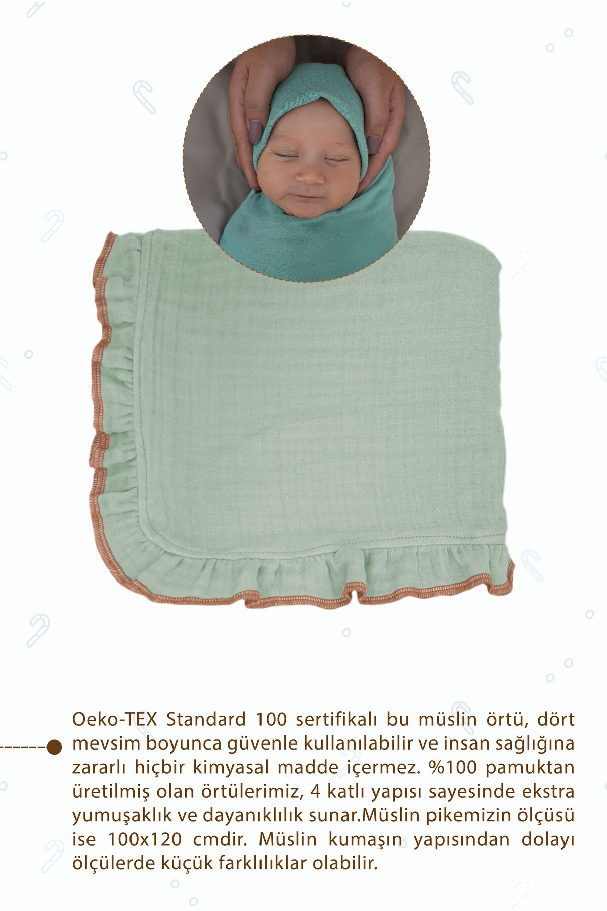 Mordesign %100 Pamuk 4 Katli Firfirli Müslin Bebek Battaniyesi, Müslin Örtü