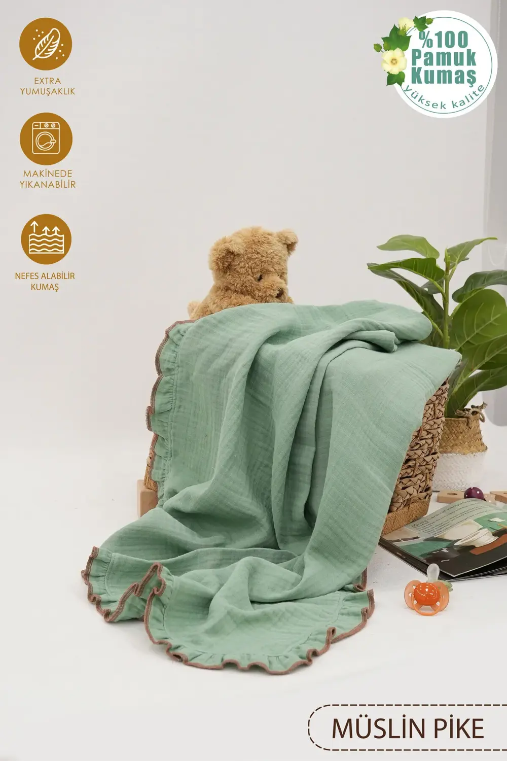 %100 Pamuk 4 Katlı Fırfırlı Müslin Bebek Battaniyesi, Müslin Örtü