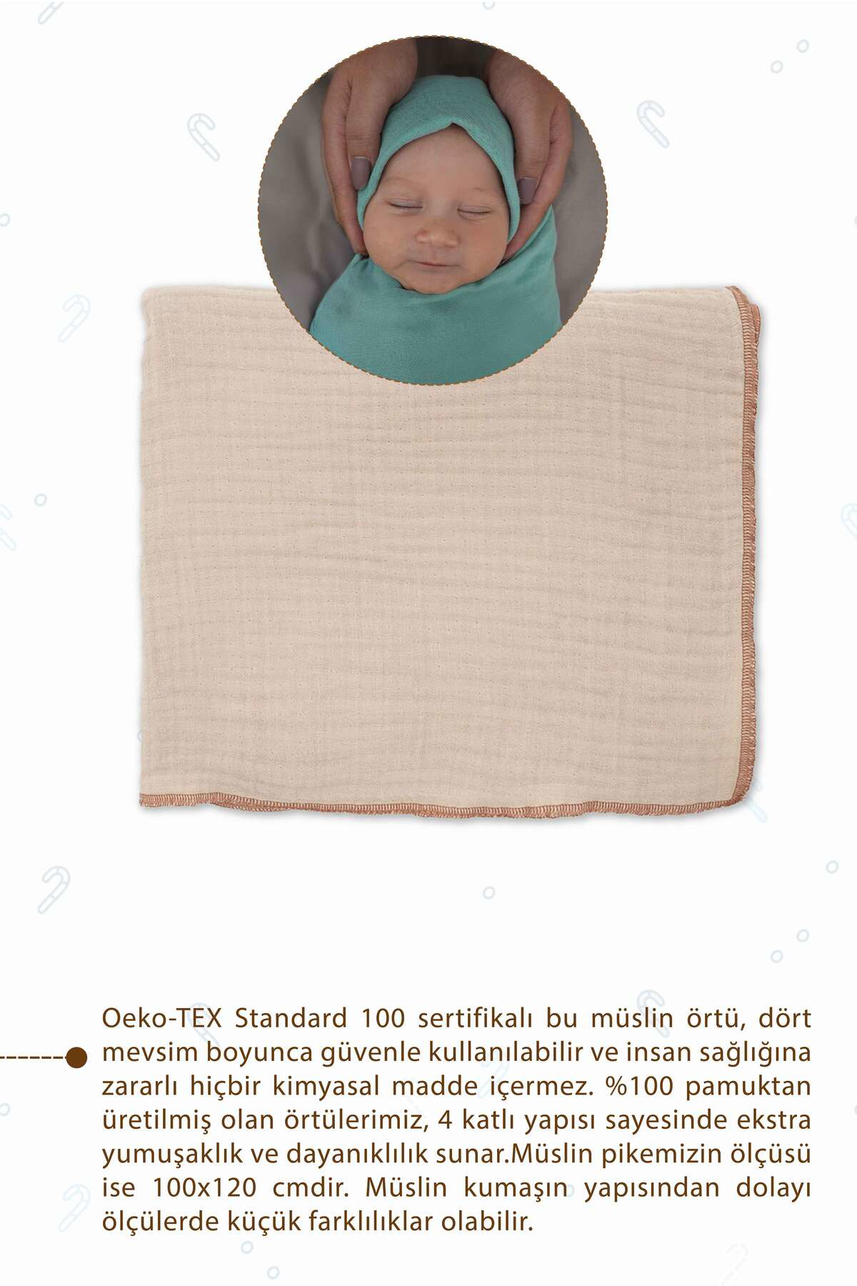 Mordesign %100 Pamuk 4 Katli Müslin Bebek Battaniyesi, 100X120 Cm Müslin Ör