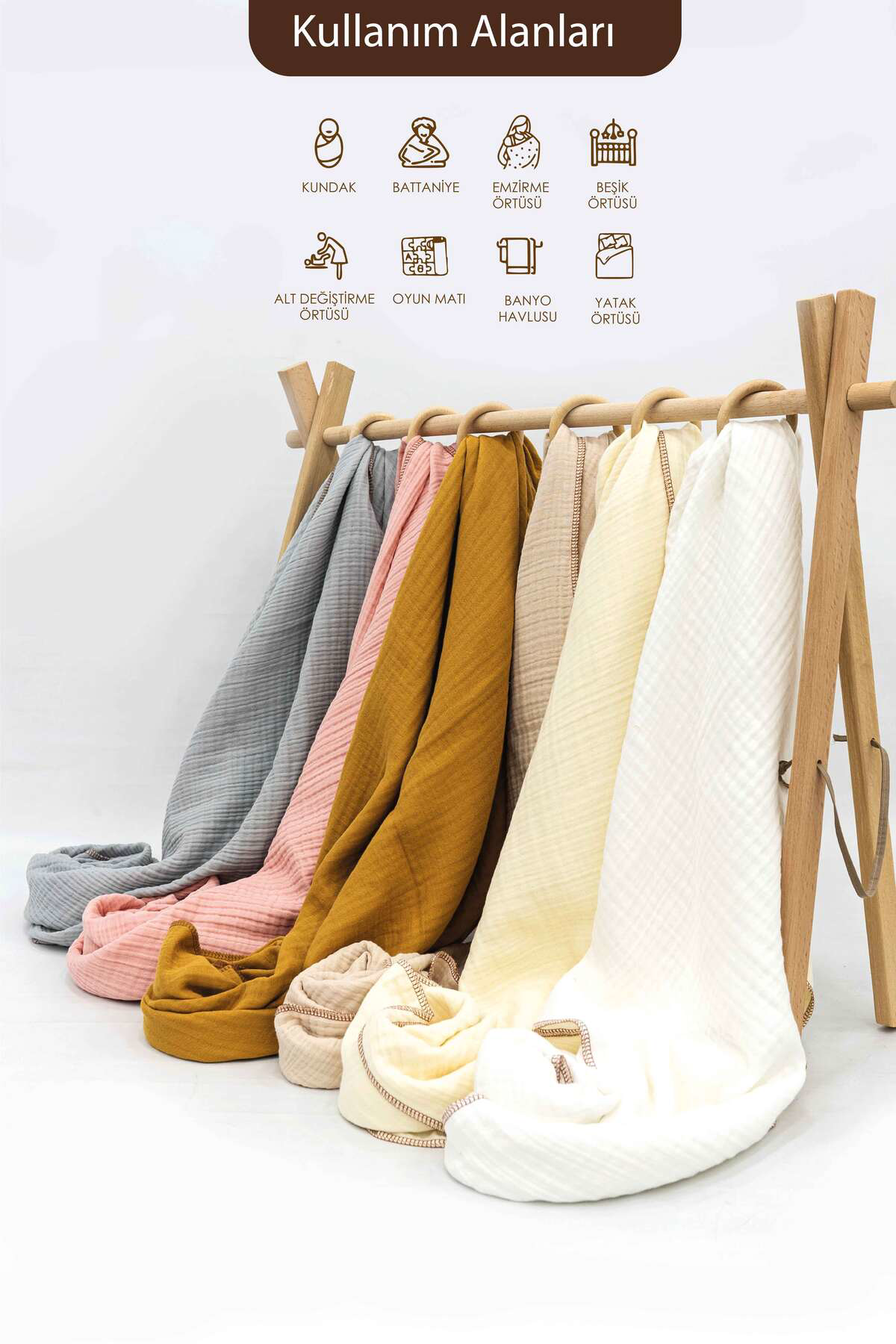 Mordesign %100 Pamuk 4 Katli Müslin Bebek Battaniyesi, 100X120 Cm Müslin Ör