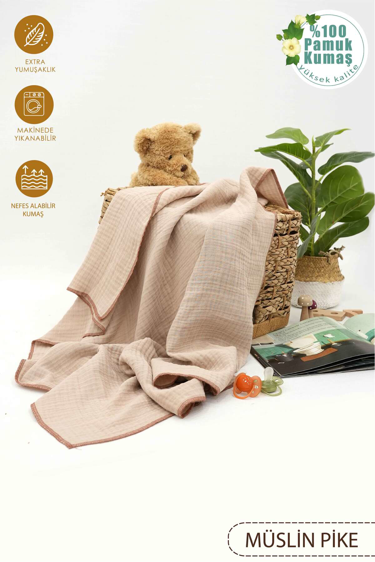 Mordesign %100 Pamuk 4 Katli Müslin Bebek Battaniyesi, 100X120 Cm Müslin Ör