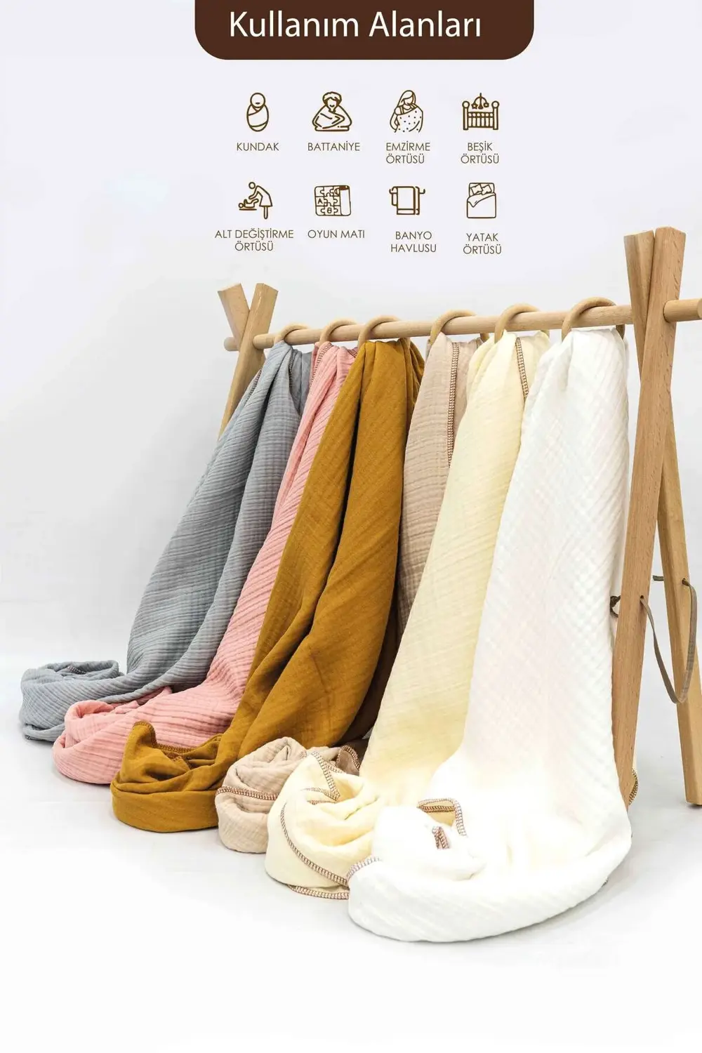 %100 Pamuk 4 Katlı Müslin Bebek Battaniyesi, 100x120 cm Müslin Ör