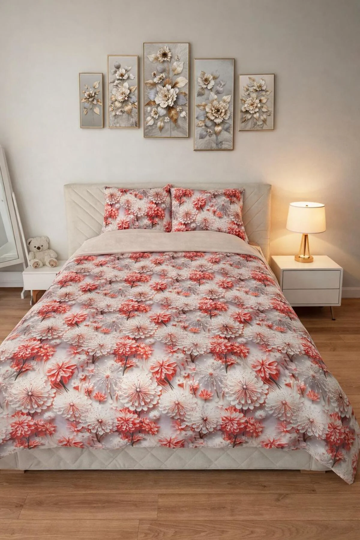 %100 Pamuk 5D Çiçek Desenli Nevresim Seti | 200x220 Nevresim | 50