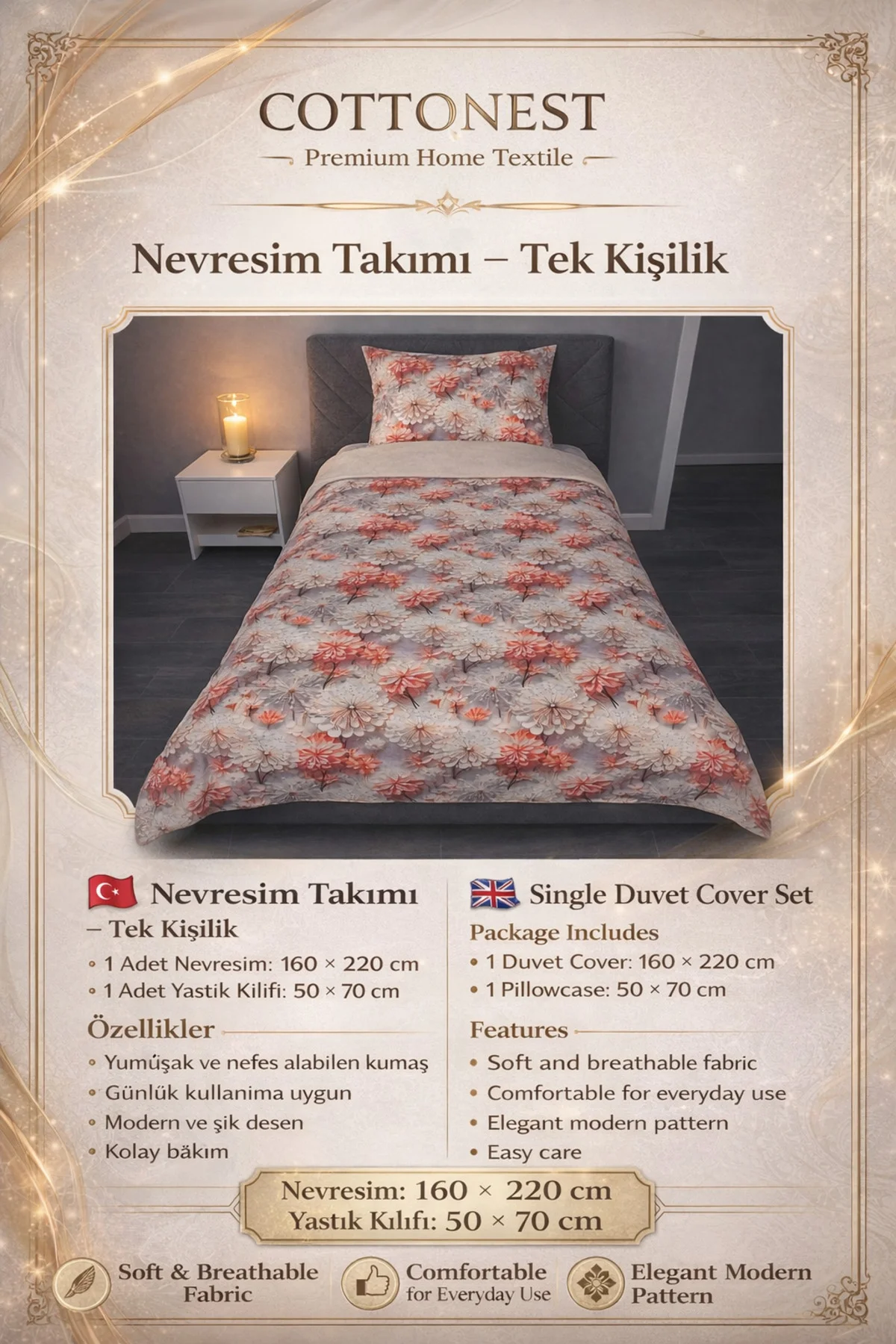 %100 Pamuk 5D Çiçek Desenli Nevresim Seti | 160x220 Nevresim | 50x70 (1 Adet ) Yastık Kılıfı %100 Pamuk 5D Çiçek Desenli Nevresim Seti | 160x220 Nevresim | 50x70 (1 Adet ) Yastık Kılıfı
