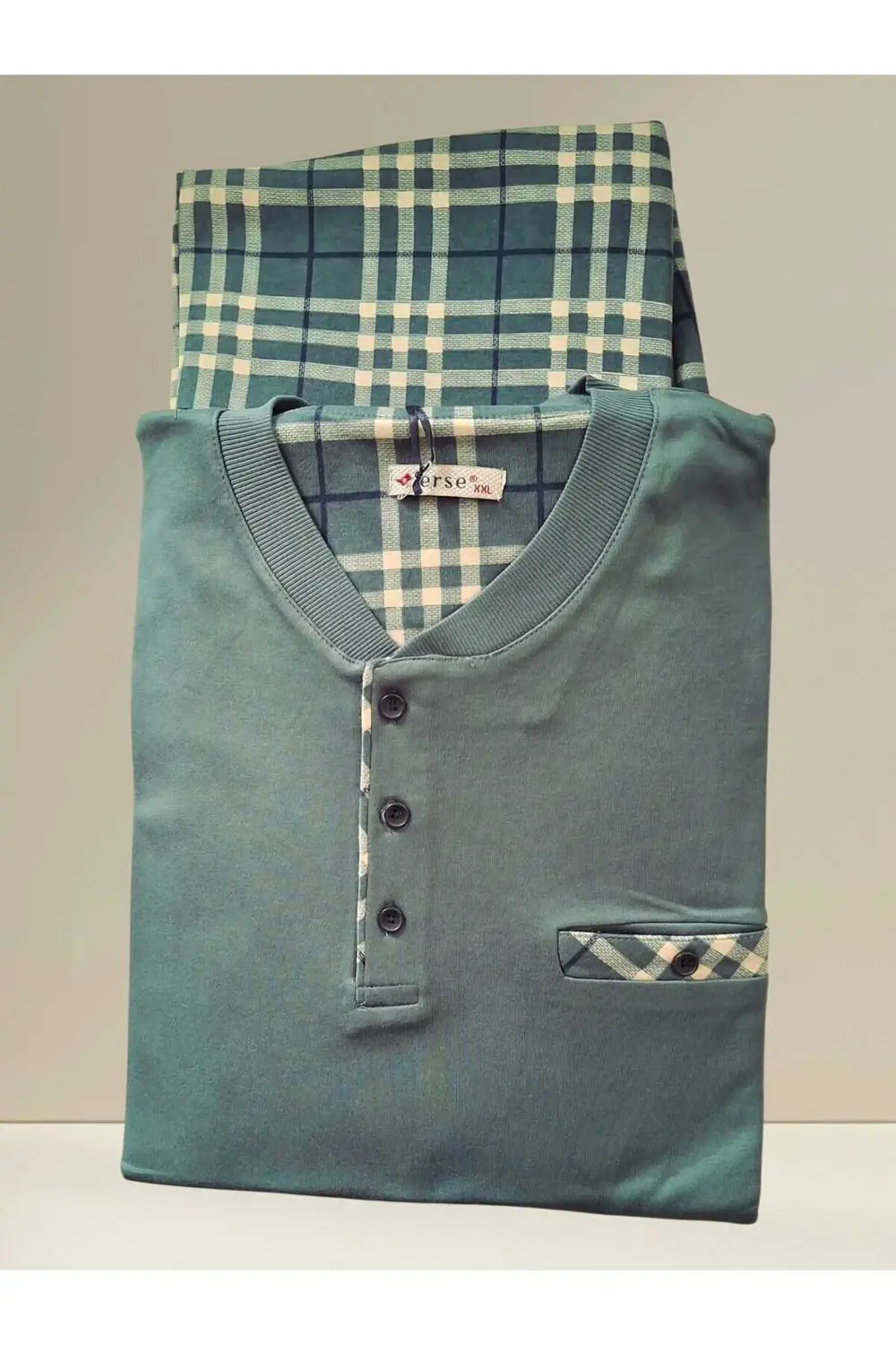 %100 Pamuk Altı Kareli İnterlok Erkek Pijama Takımı Koyu Yeşi