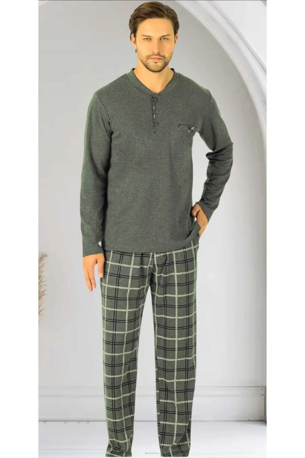 %100 Pamuk Altı Kareli İnterlok Erkek Pijama Takımı Koyu Yeşi