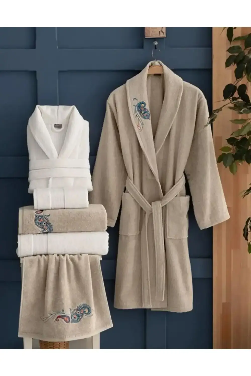 Sarev %100 Pamuk Bej Aile Bornoz Seti