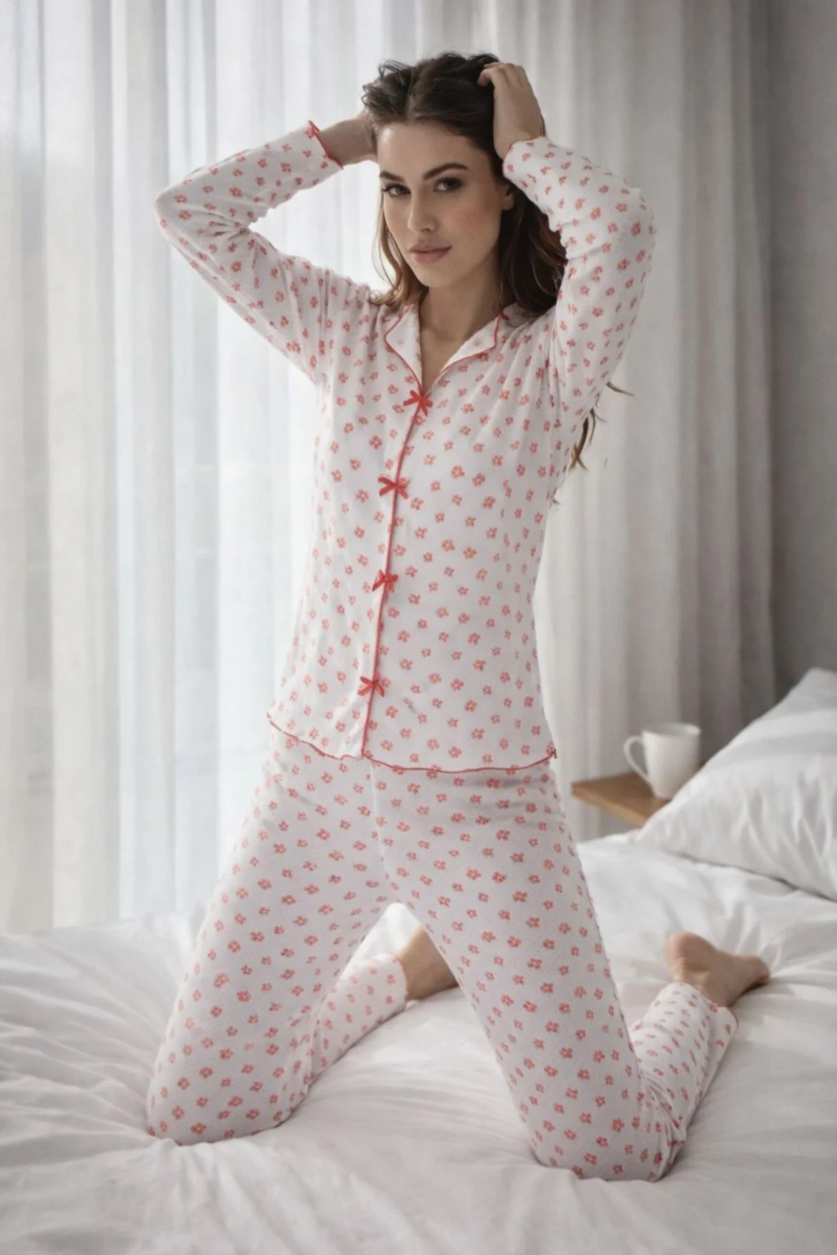 %100 pamuk çiçek desenli uzun kollu pijama takımı