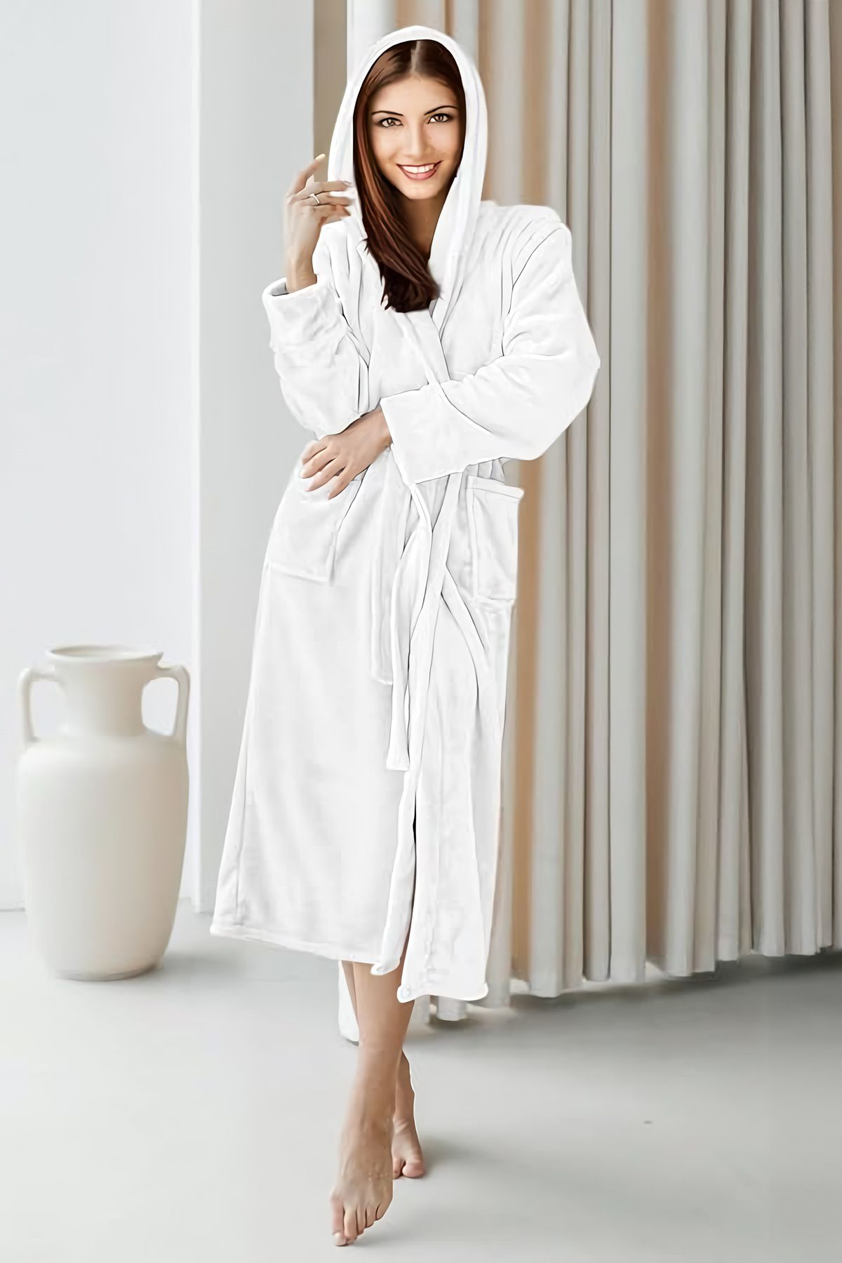 Teksnil Home %100 Pamuk Ekstra Yumuşak Beyaz Kadın Erkek Kapüşonlu Cepli Borno