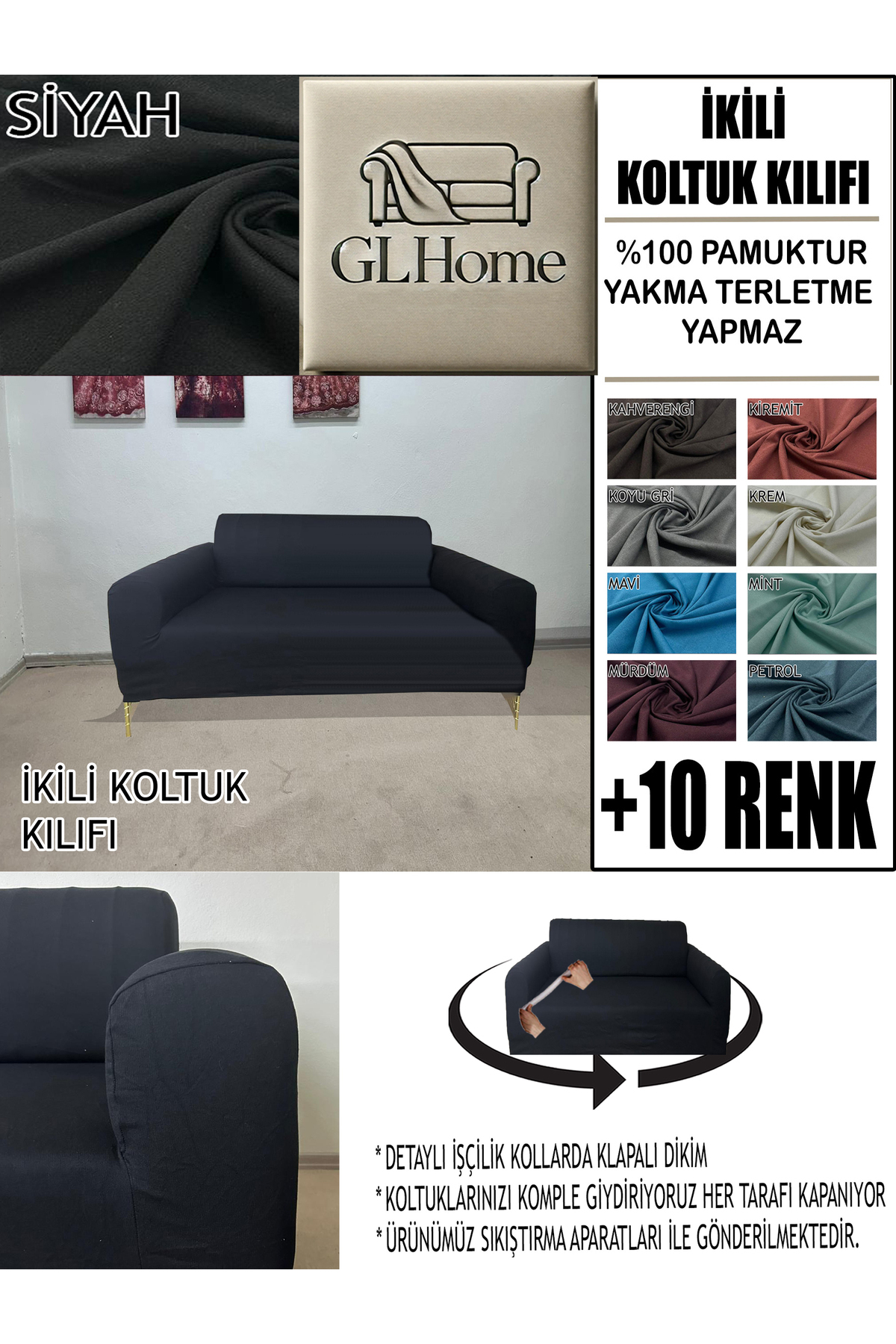 Home %100 Pamuk Fransiz Kumaş Çift Kişilik Komple Giydirme 2'Li Kanepe