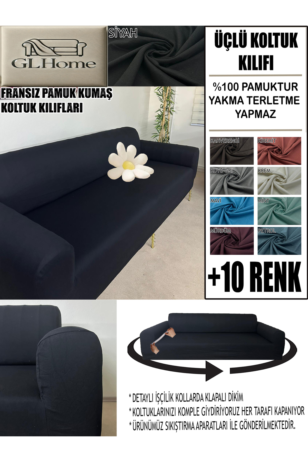 Home %100 Pamuk Fransiz Kumaş 3 Lü Komple Giydirme Kanepe & Çekyat, Bo