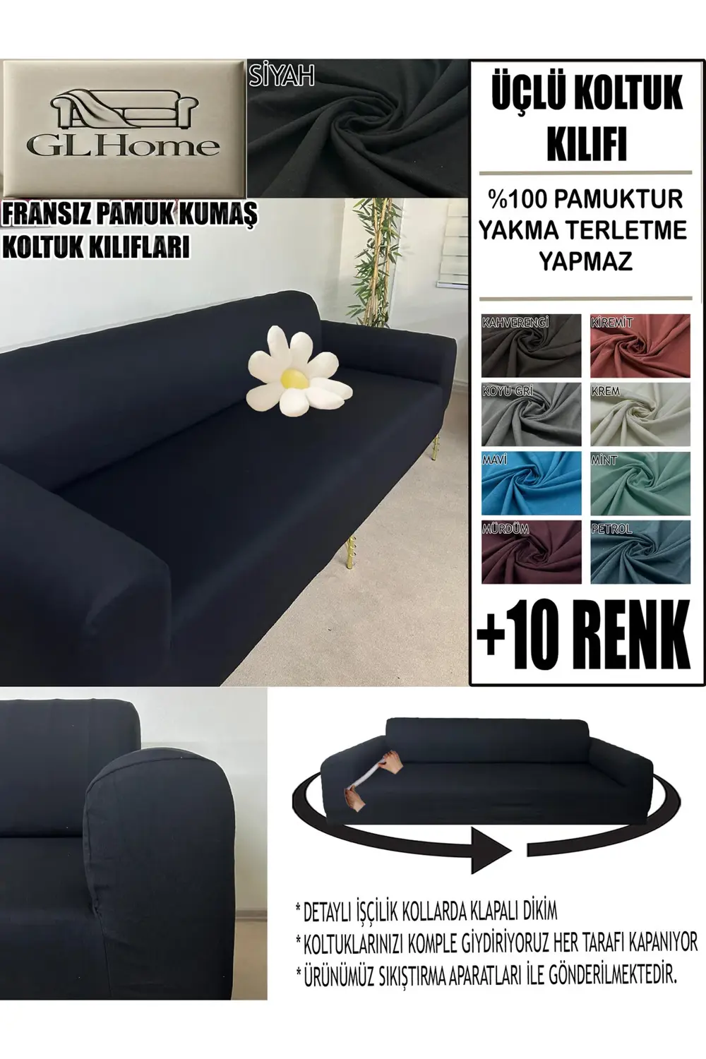 %100 PAMUK FRANSIZ KUMAŞ 3 LÜ KOMPLE GİYDİRME KANEPE & ÇEKYAT, BO