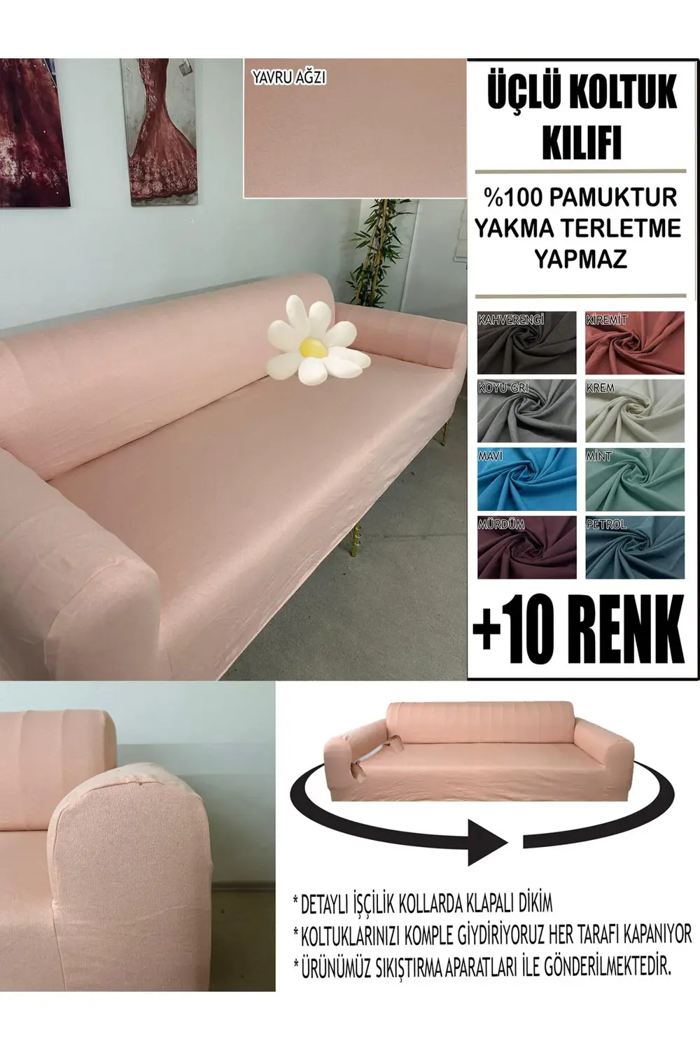 %100 PAMUK FRANSIZ KUMAŞ 3 LÜ KOMPLE GİYDİRME KANEPE & ÇEKYAT, BO