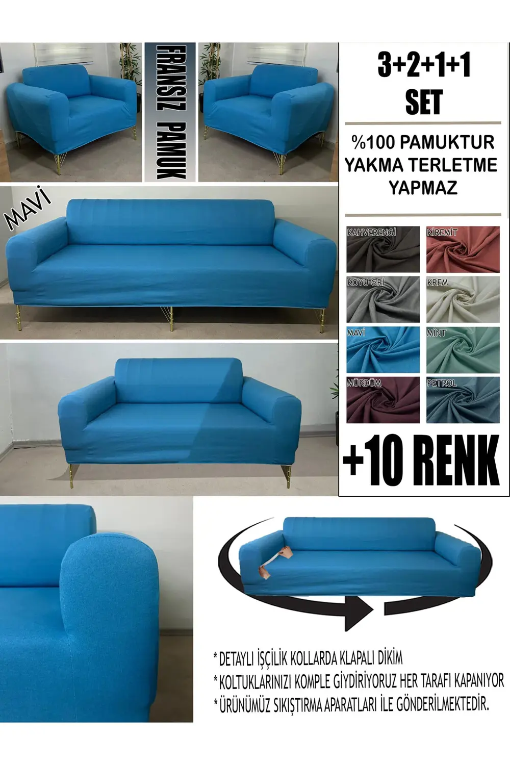 %100 PAMUK FRANSIZ KUMAŞ 3+2+1+1 KOMPLE GİYDİRME KANEPE&ÇEKYAT, B