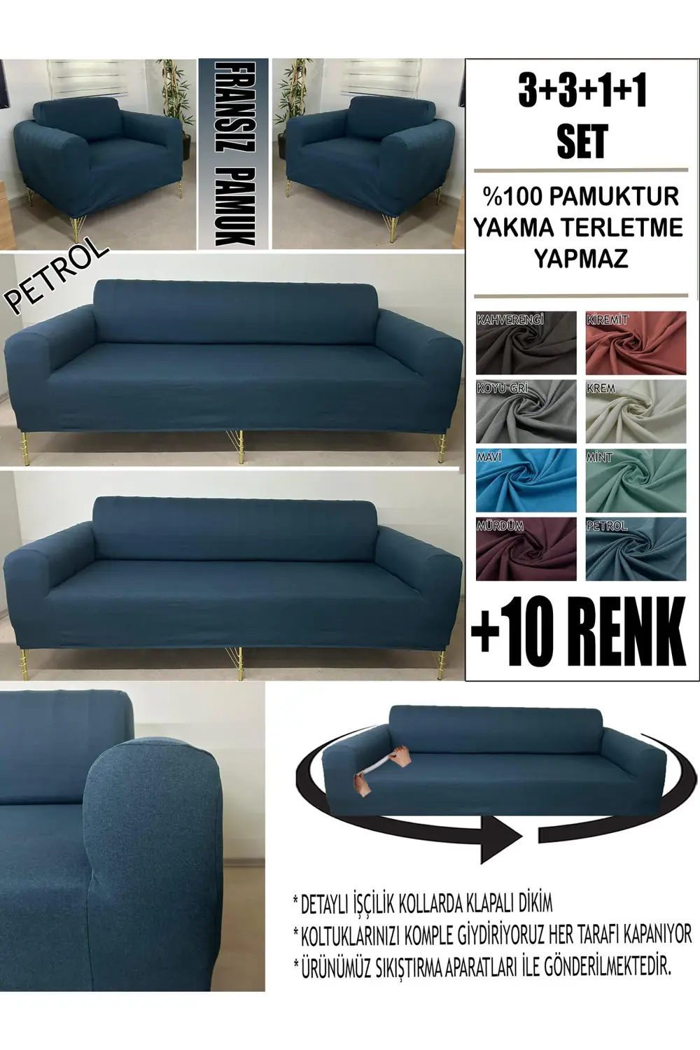 %100 PAMUK FRANSIZ KUMAŞ 3+3+1+1 KOMPLE GİYDİRME KANEPE&ÇEKYAT, B