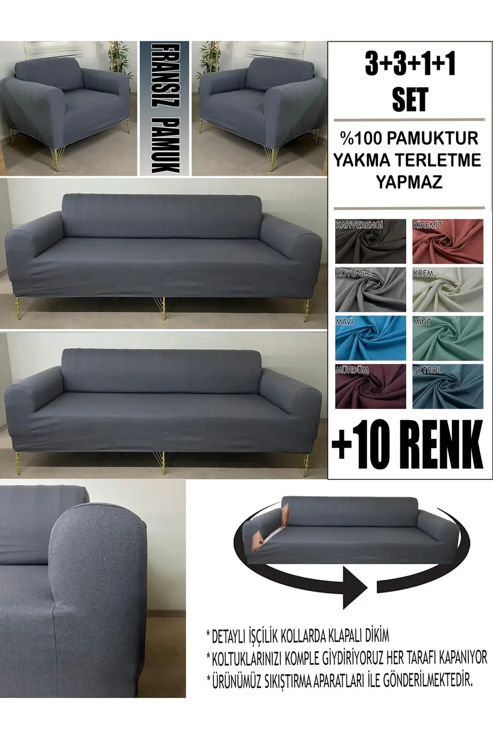 %100 PAMUK FRANSIZ KUMAŞ 3+3+1+1 KOMPLE GİYDİRME KANEPE&ÇEKYAT, B