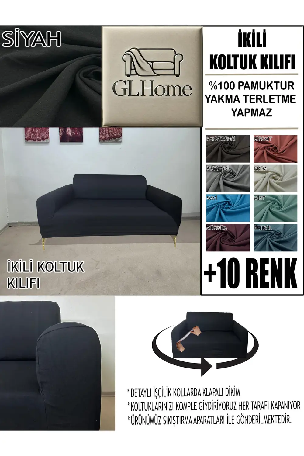 %100 PAMUK FRANSIZ KUMAŞ ÇİFT KİŞİLİK KOMPLE GİYDİRME 2'Lİ KANEPE