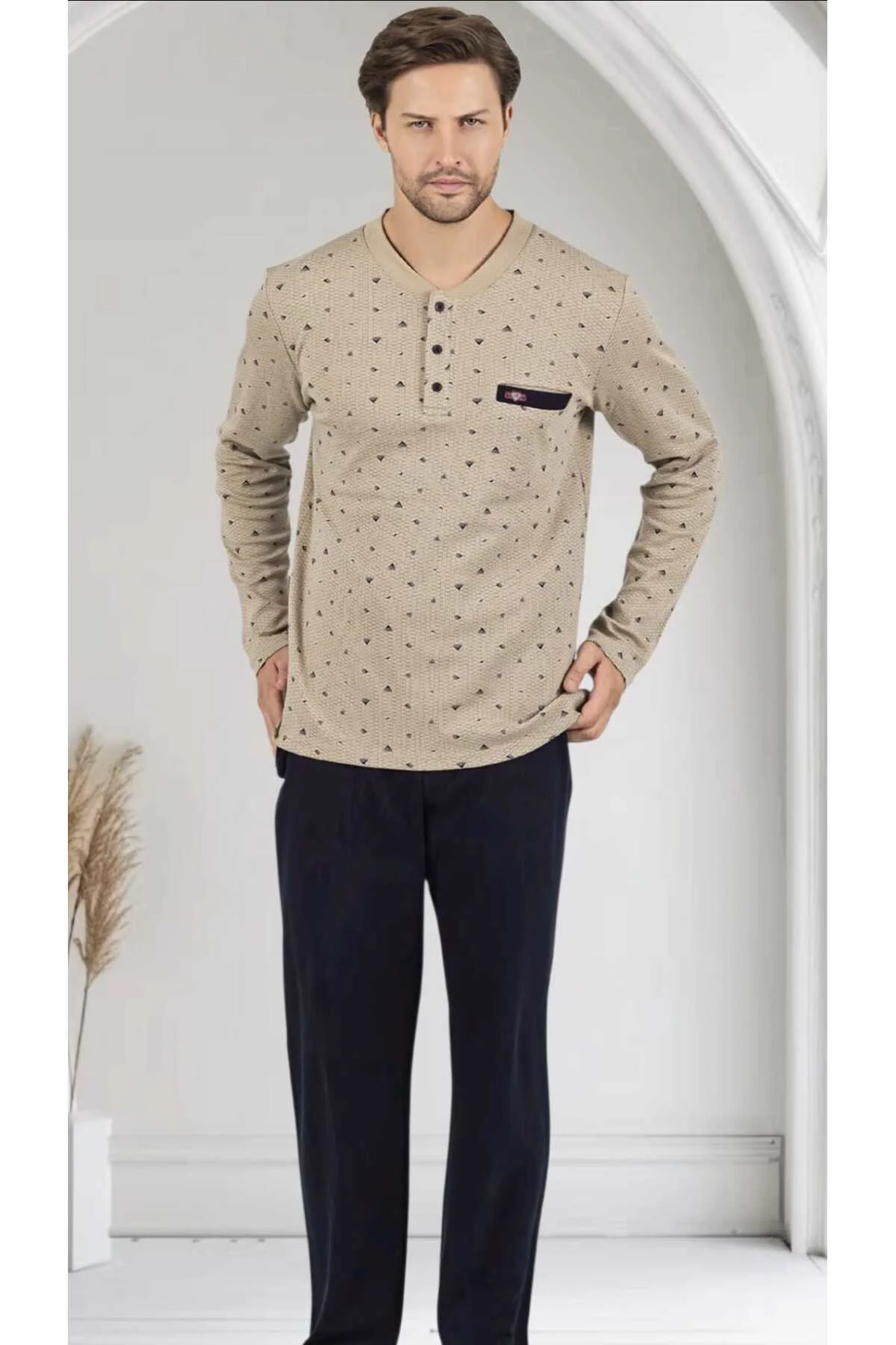 %100 Pamuk İnterlok Erkek Pijama Takımı Bej-Lacivert