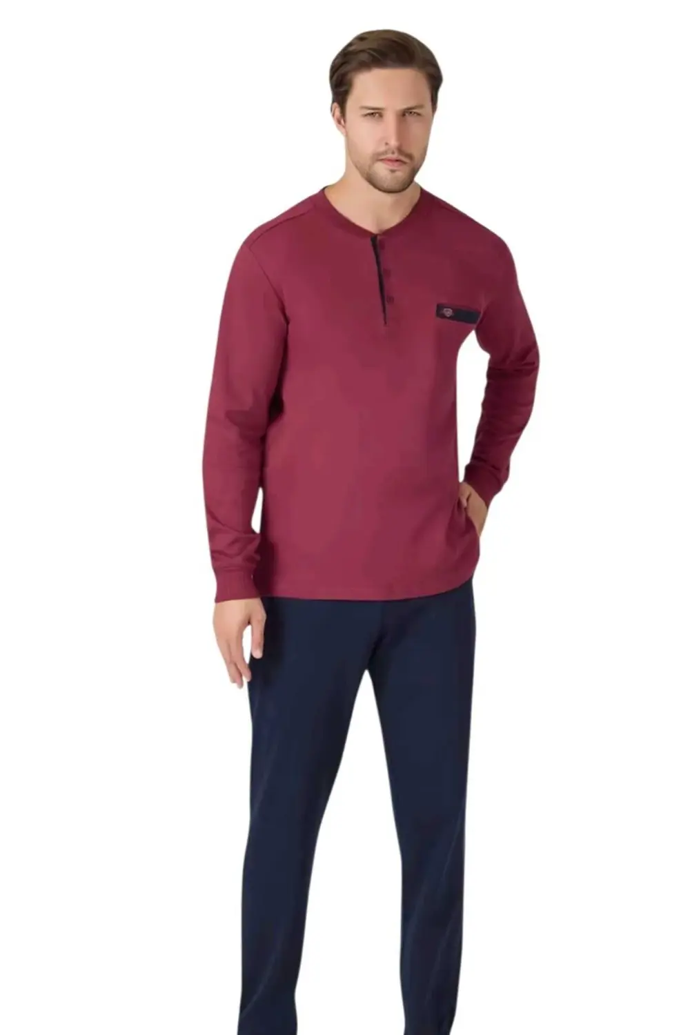 %100 Pamuk İnterlok Erkek Pijama Takımı Gri-Lacivert