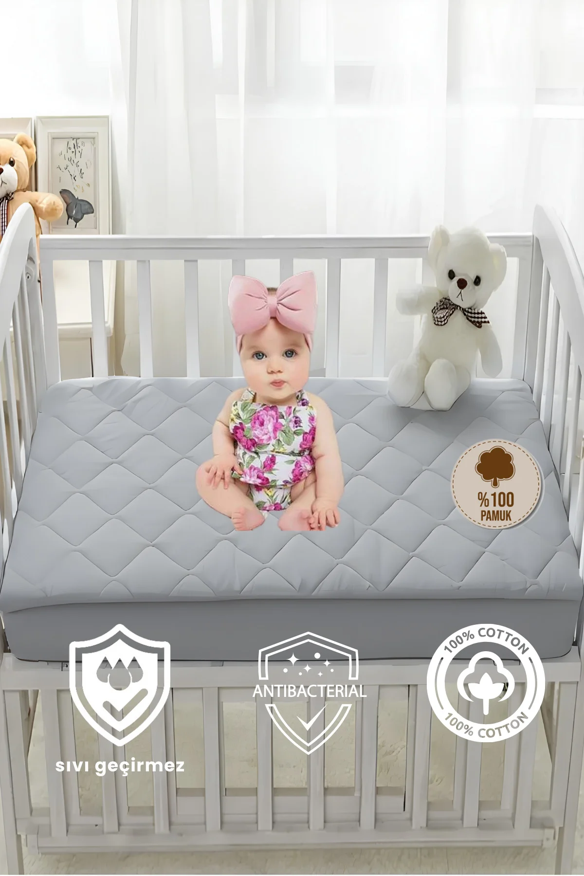 %100 Pamuk Kapitone Fitted Sıvı Geçirmez Bebek Alezi-Çocuk Alezi,
