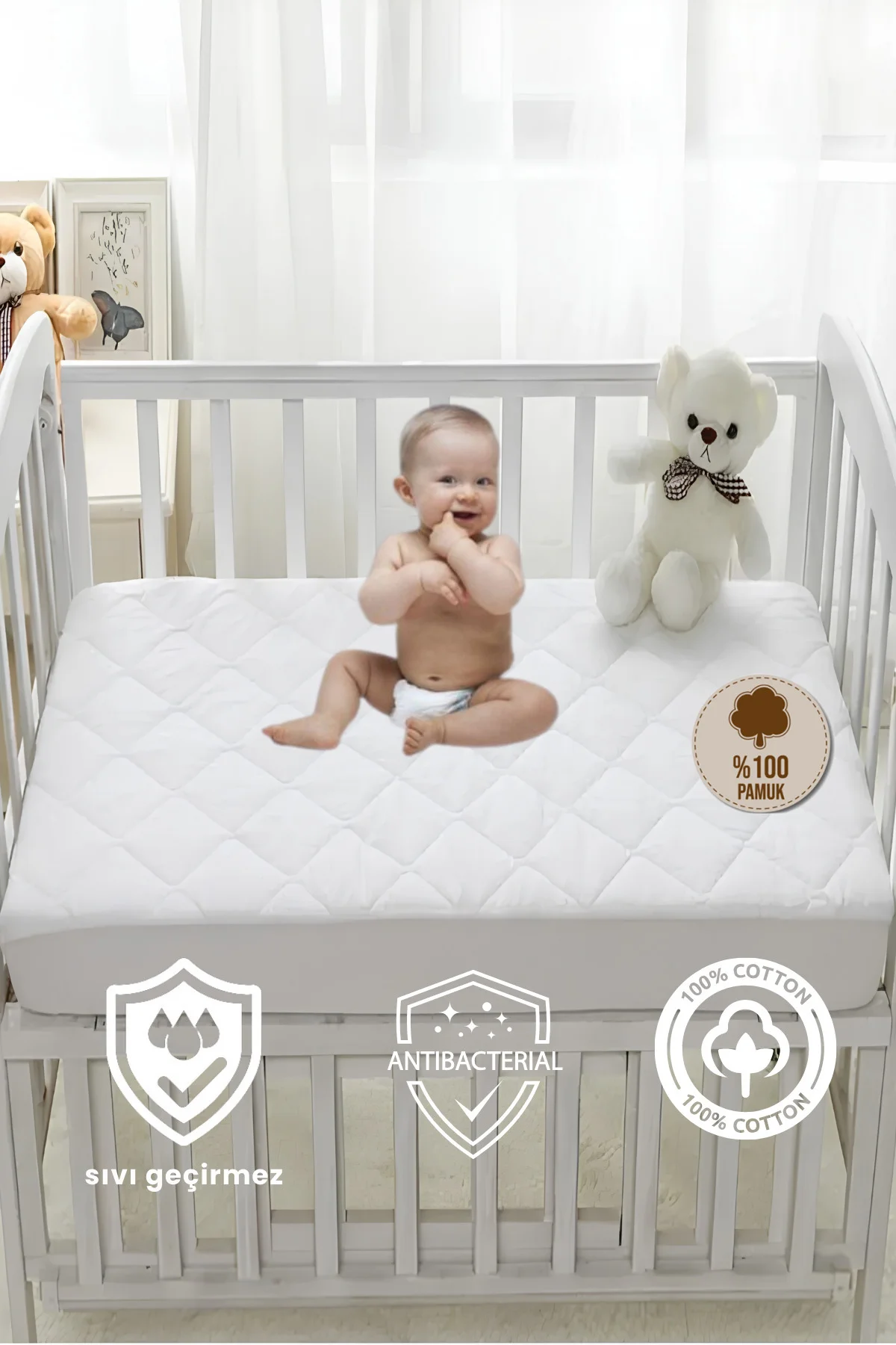 %100 Pamuk Kapitone Fitted Sıvı Geçirmez Bebek Alezi-Çocuk Alezi, Park Yatak Alezi Beşik Yatak Alezi
