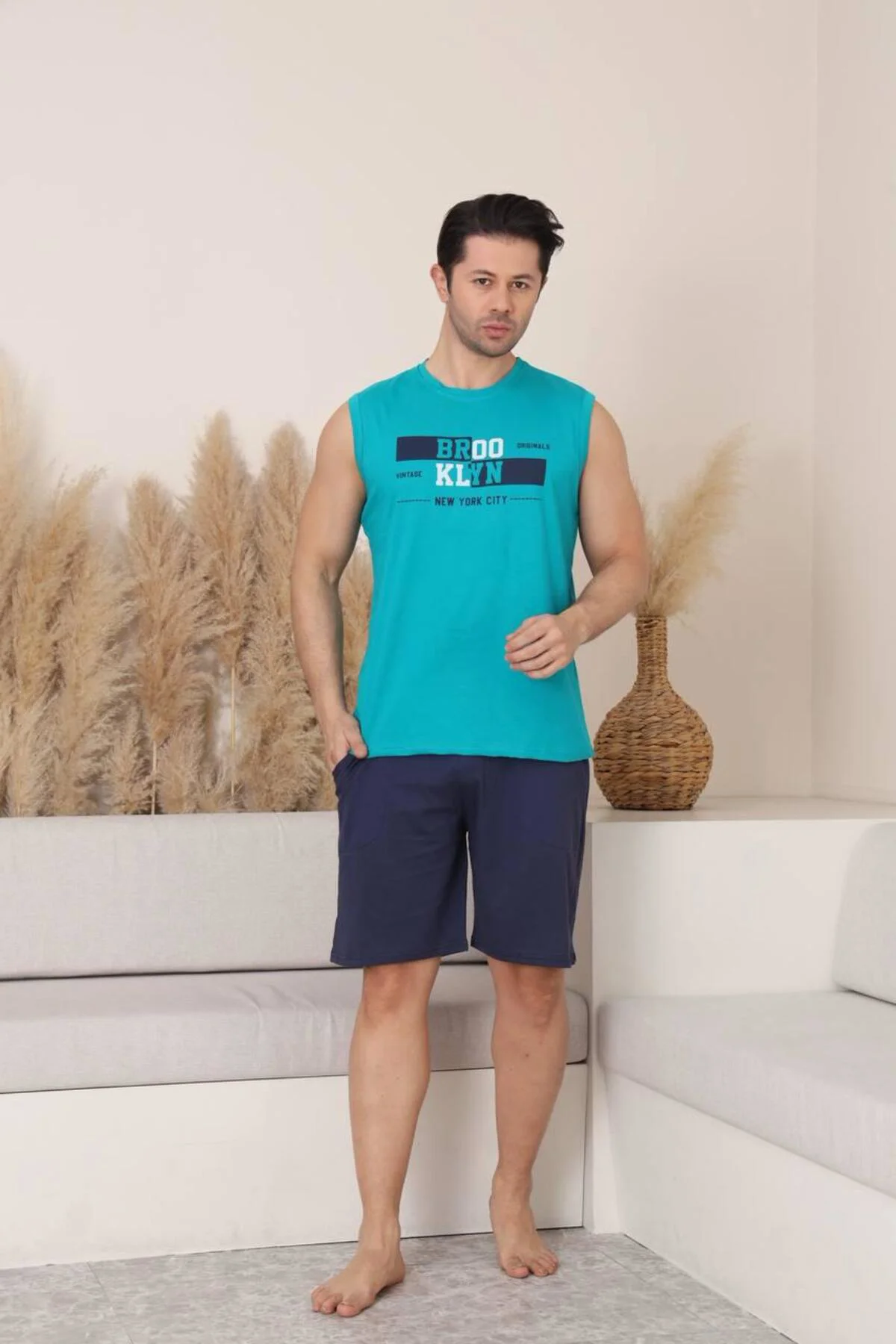 %100 pamuk kolsuz cep detaylı erkek şortlu pijama takımı