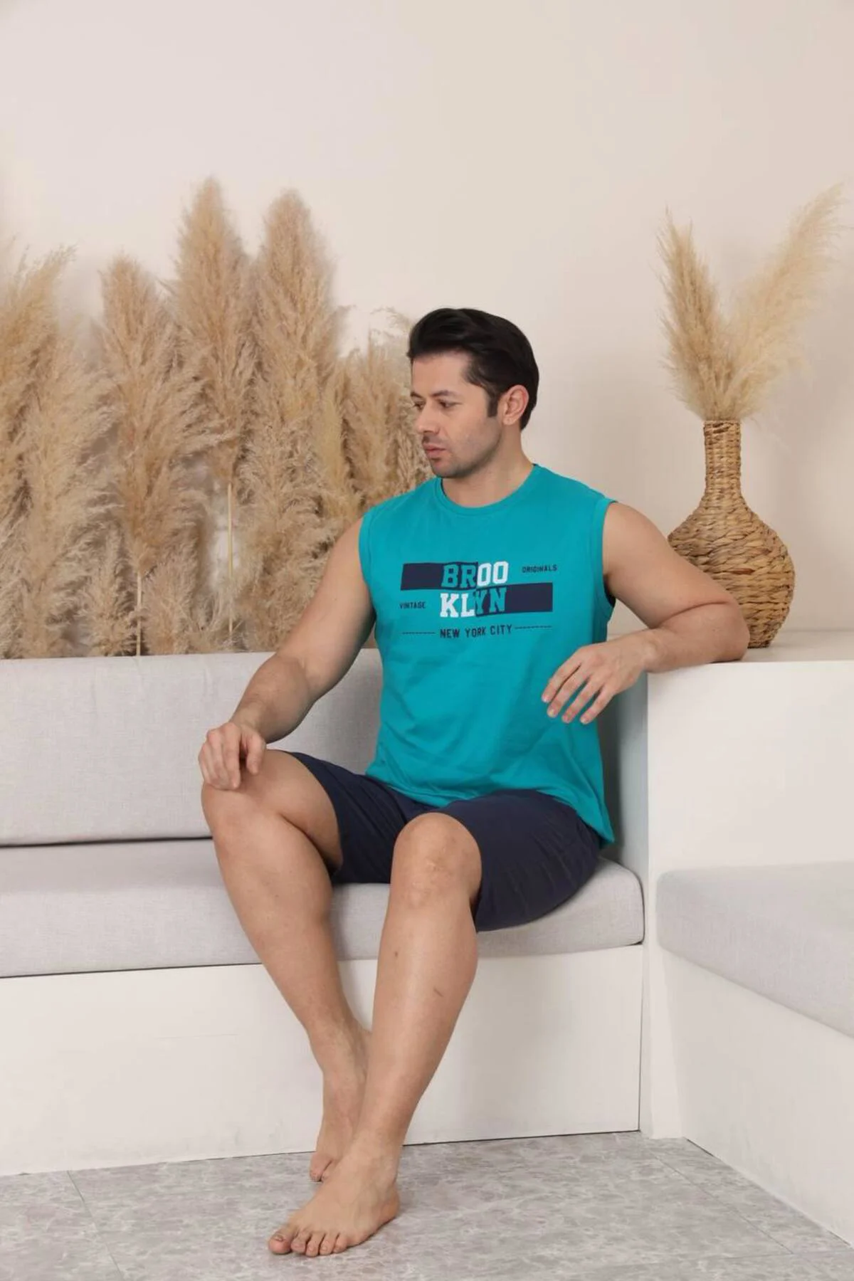 %100 pamuk kolsuz cep detaylı erkek şortlu pijama takımı