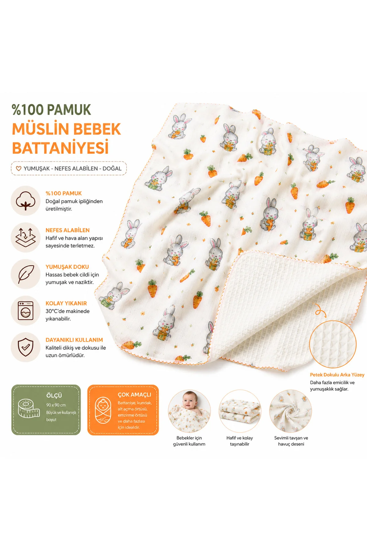 %100 Pamuk Müslin Bebek Battaniyesi Çift Katlı Waffle Dokulu Tavşan Desenli Çok Amaçlı Örtü