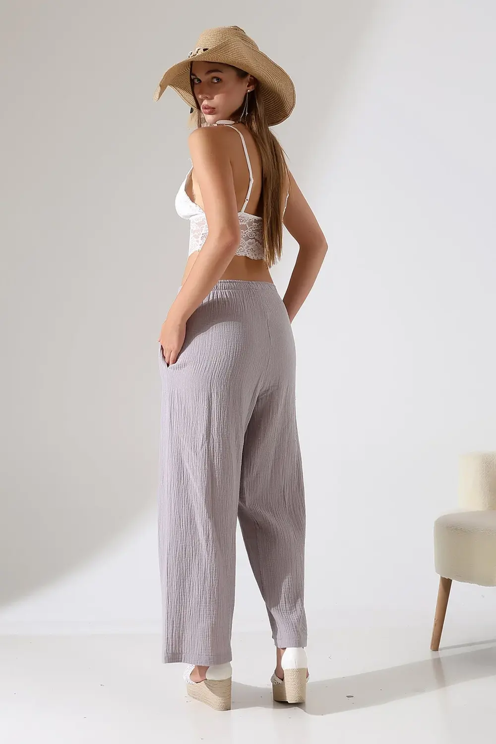 %100 Pamuk Müslin Gri Cepli Palazzo Pantolon