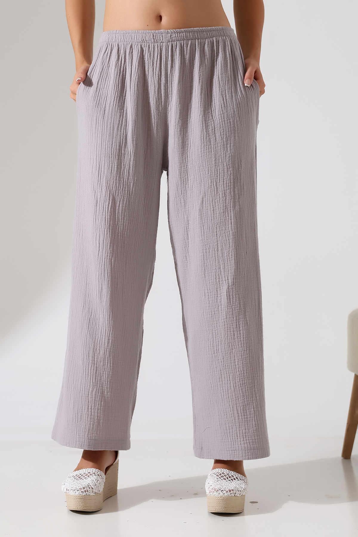 %100 Pamuk Müslin Gri Cepli Palazzo Pantolon