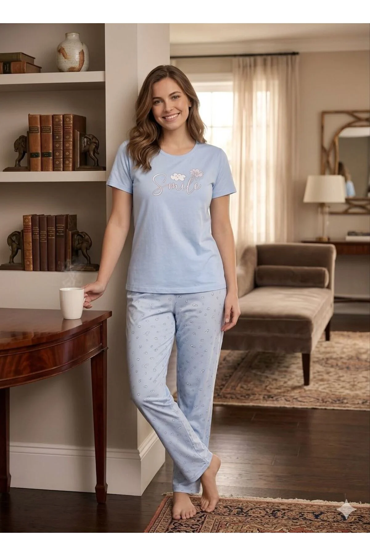 %100 pamuk penye kısa kollu pijama takımı