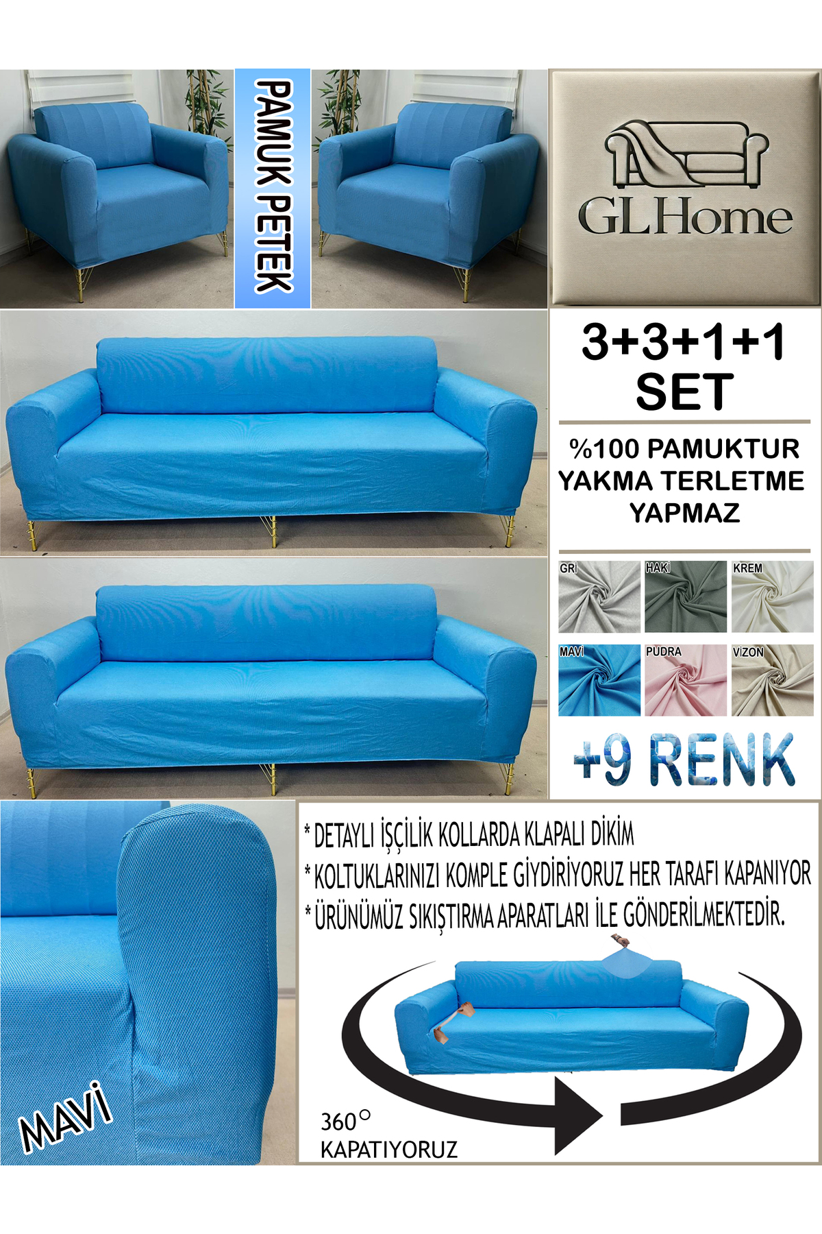 Home %100 Pamuk Petek Kumaş 3+3+1+1 Komple Giydirme Kanepe&Çekyat, Boh