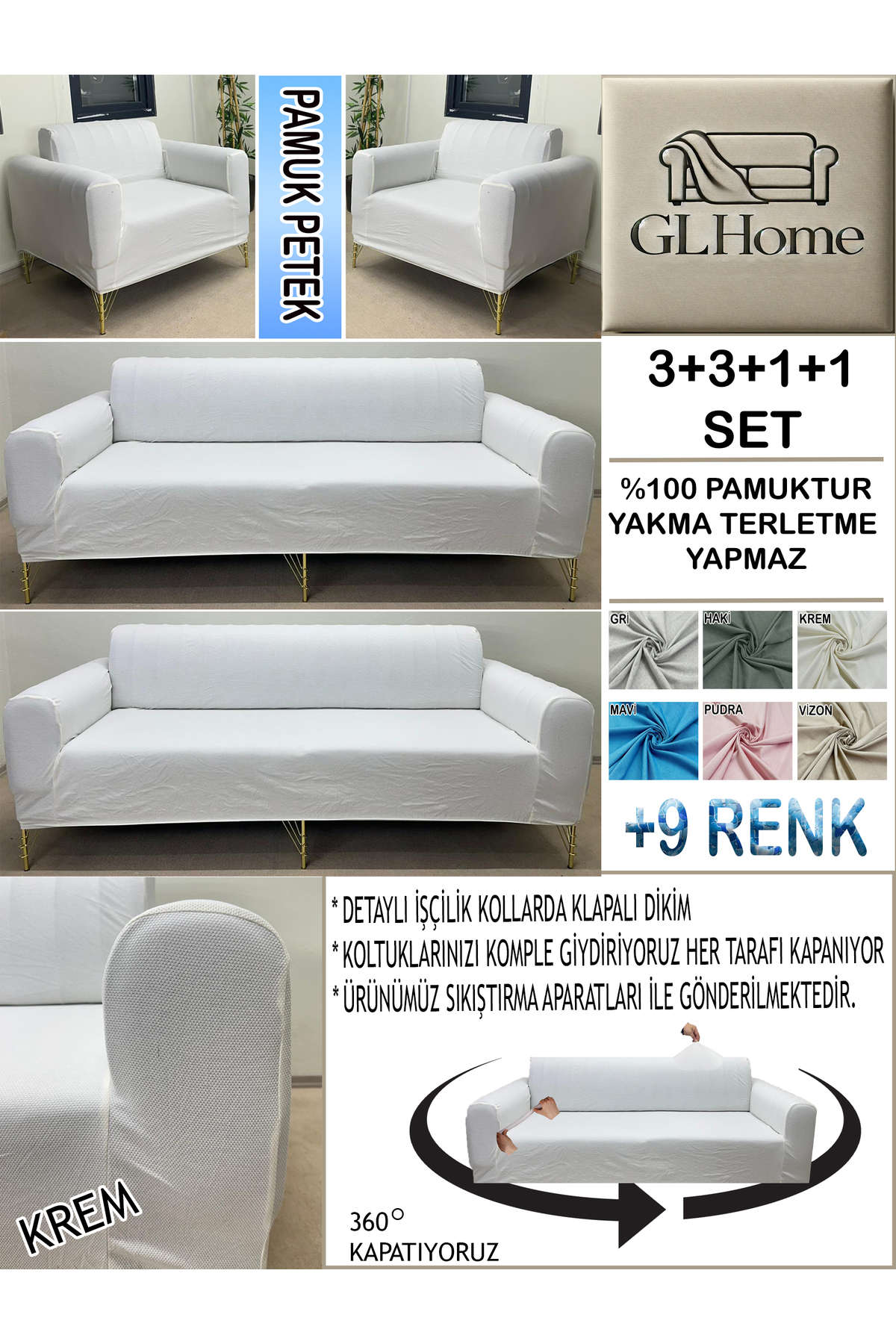 Home %100 Pamuk Petek Kumaş 3+3+1+1 Set Komple Giydirme Kanepe&Çekyat,