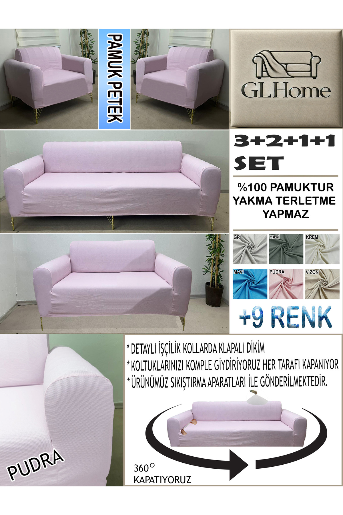 Home %100 Pamuk Petek Kumaş 3+2+1+1 Komple Giydirme Kanepe&Çekyat, Boh