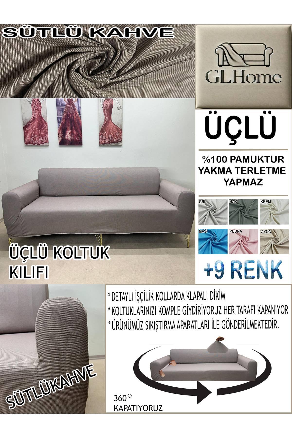 Home %100 Pamuk Petek Kumaş 3 Lü Komple Giydirme Kanepe & Çekyat, Bohe