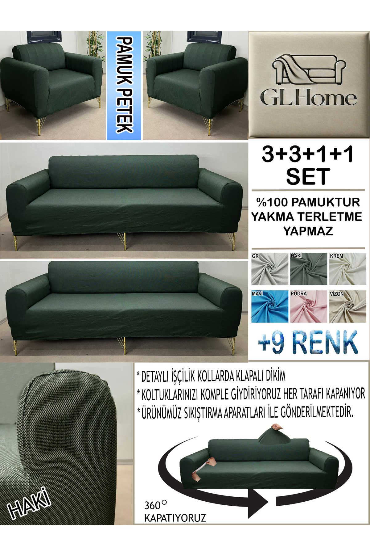 Home %100 Pamuk Petek Kumaş 3+3+1+1 Set Komple Giydirme Kanepe&Çekyat,