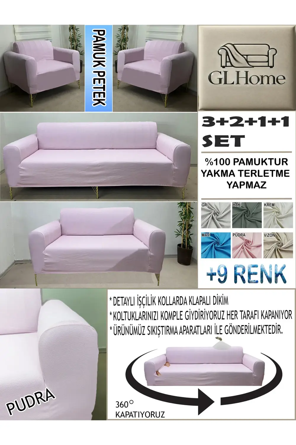 %100 PAMUK PETEK KUMAŞ 3+2+1+1 KOMPLE GİYDİRME KANEPE&ÇEKYAT, BOH