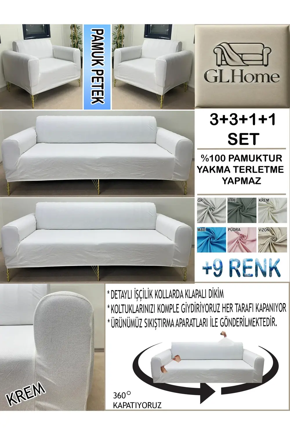 %100 PAMUK PETEK KUMAŞ 3+3+1+1 SET KOMPLE GİYDİRME KANEPE&ÇEKYAT,