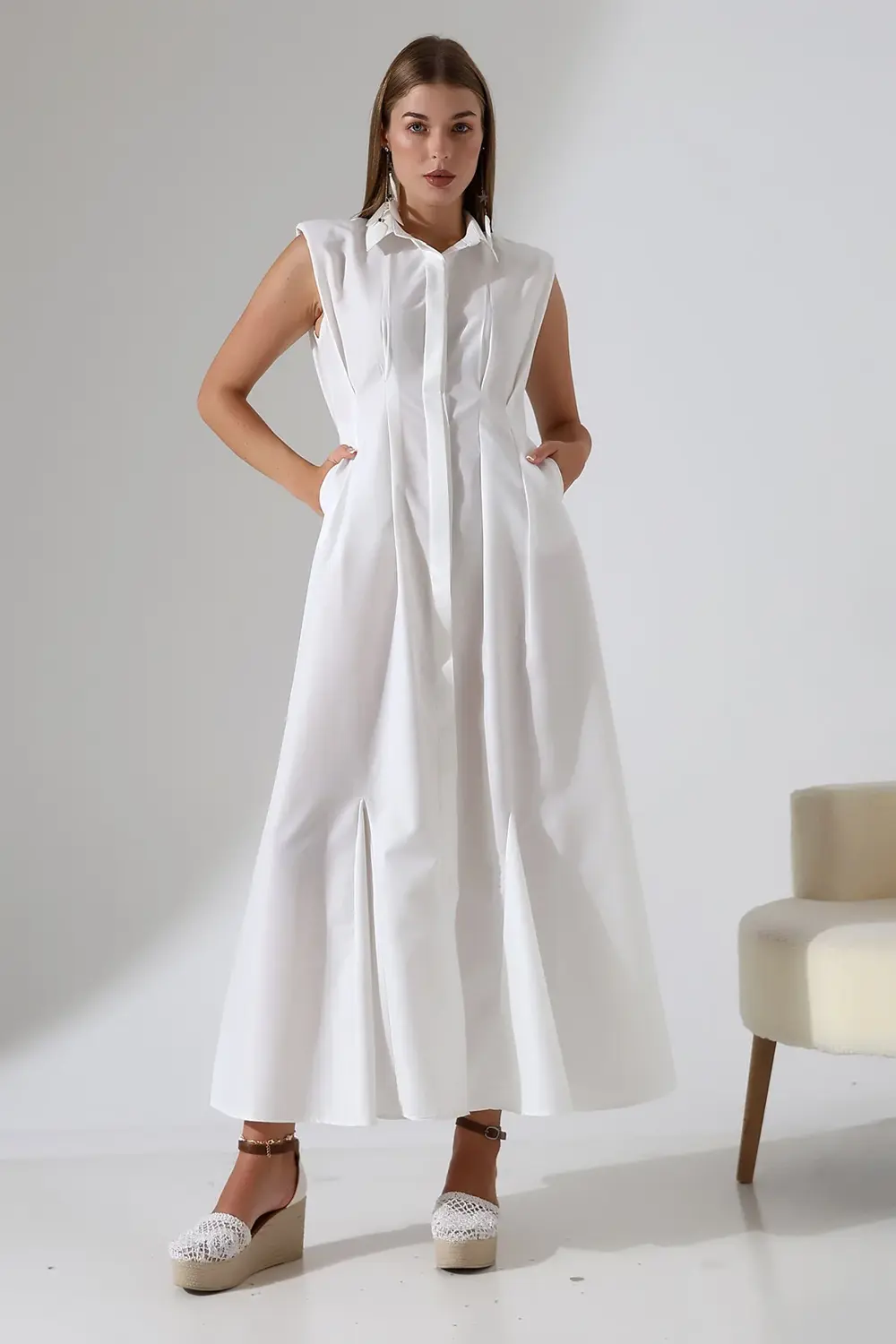 %100 Pamuk Poplin Düğmeli Balık Form Gömlek Elbise