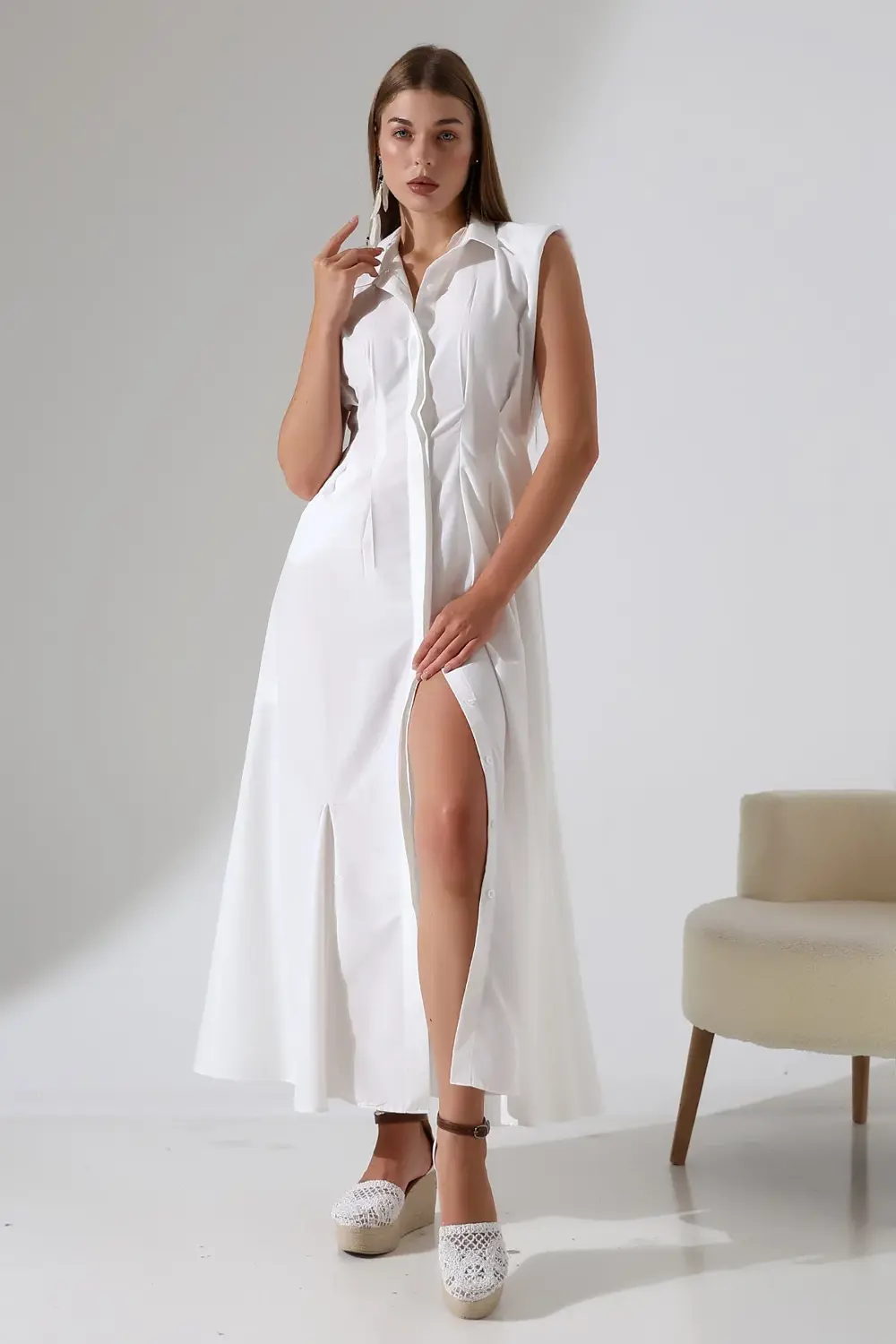 %100 Pamuk Poplin Düğmeli Balık Form Gömlek Elbise