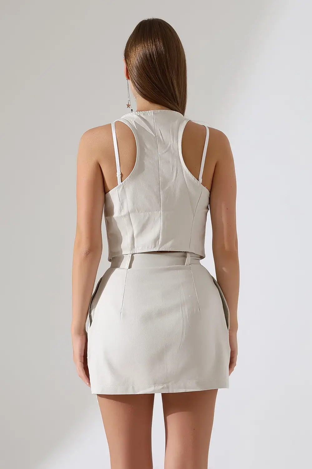 %100 Pamuk Rambo Yelekli Kuş Gözlü Mini Etek Takım