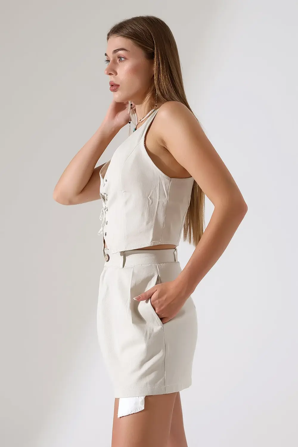 %100 Pamuk Rambo Yelekli Kuş Gözlü Mini Etek Takım