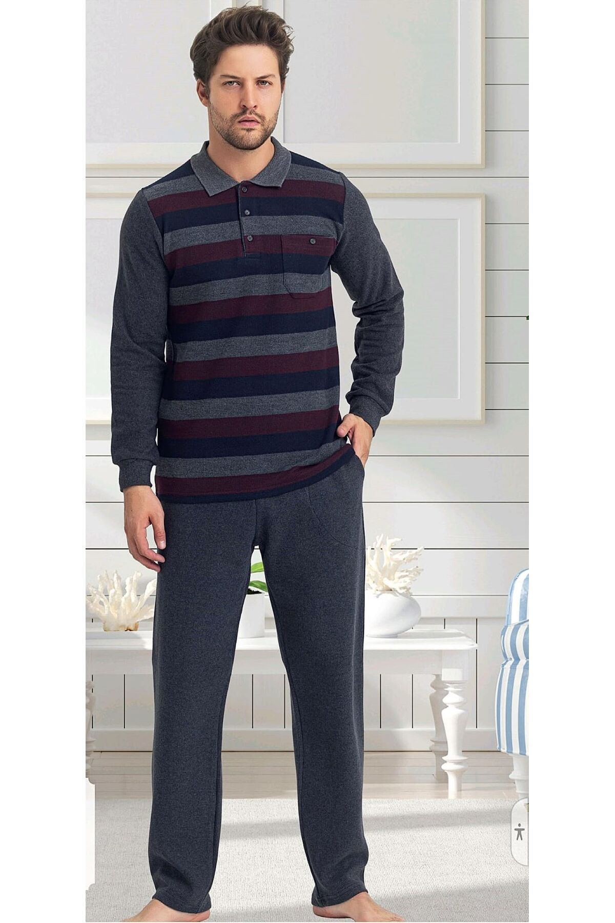 %100 Pamuk Selanik Örme Uzun Kol Erkek Pijama Takımı Kışlık