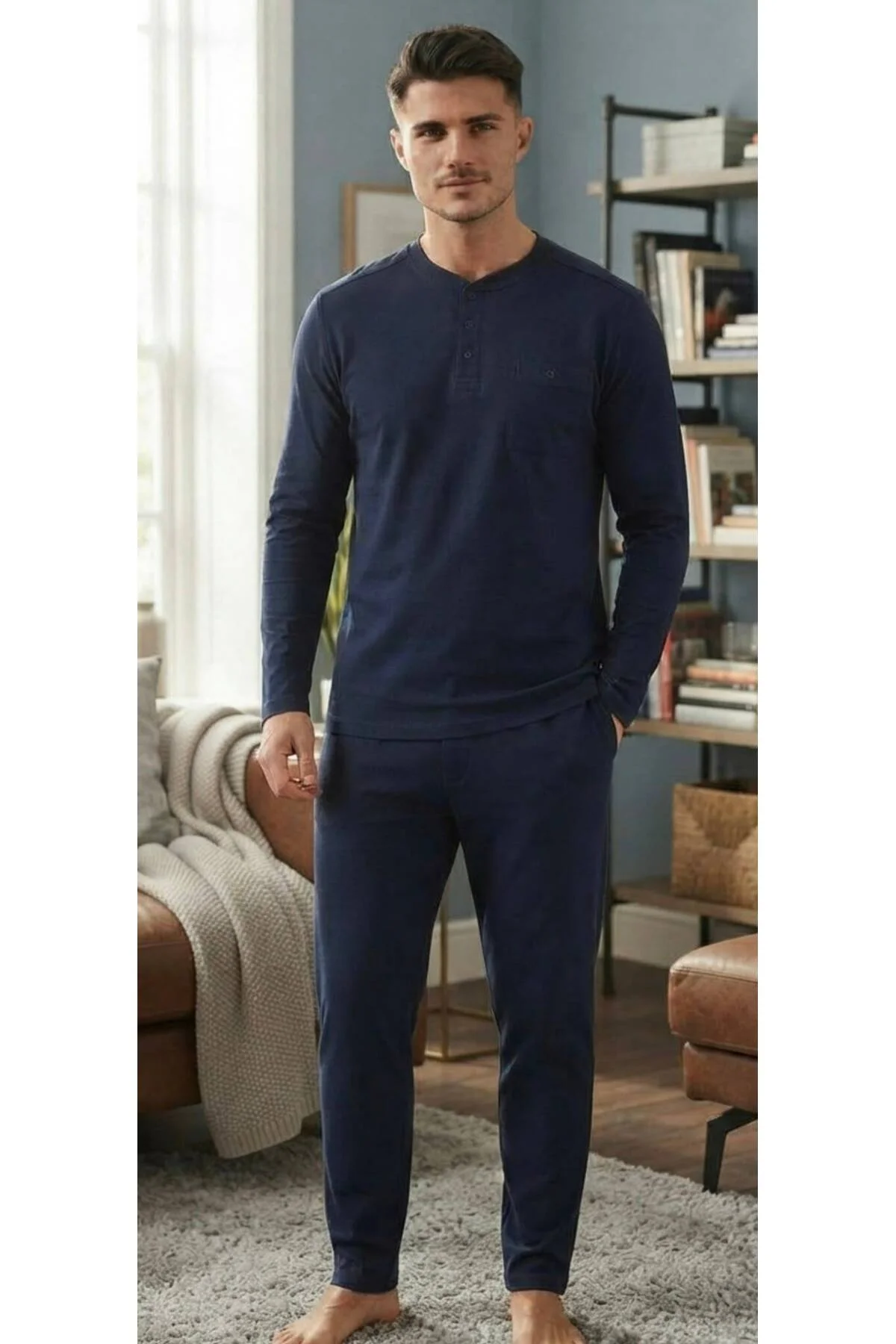 %100 Pamuk Selanik Örme Uzun Kol Erkek Pijama Takımı Kışlık - Görsel 2