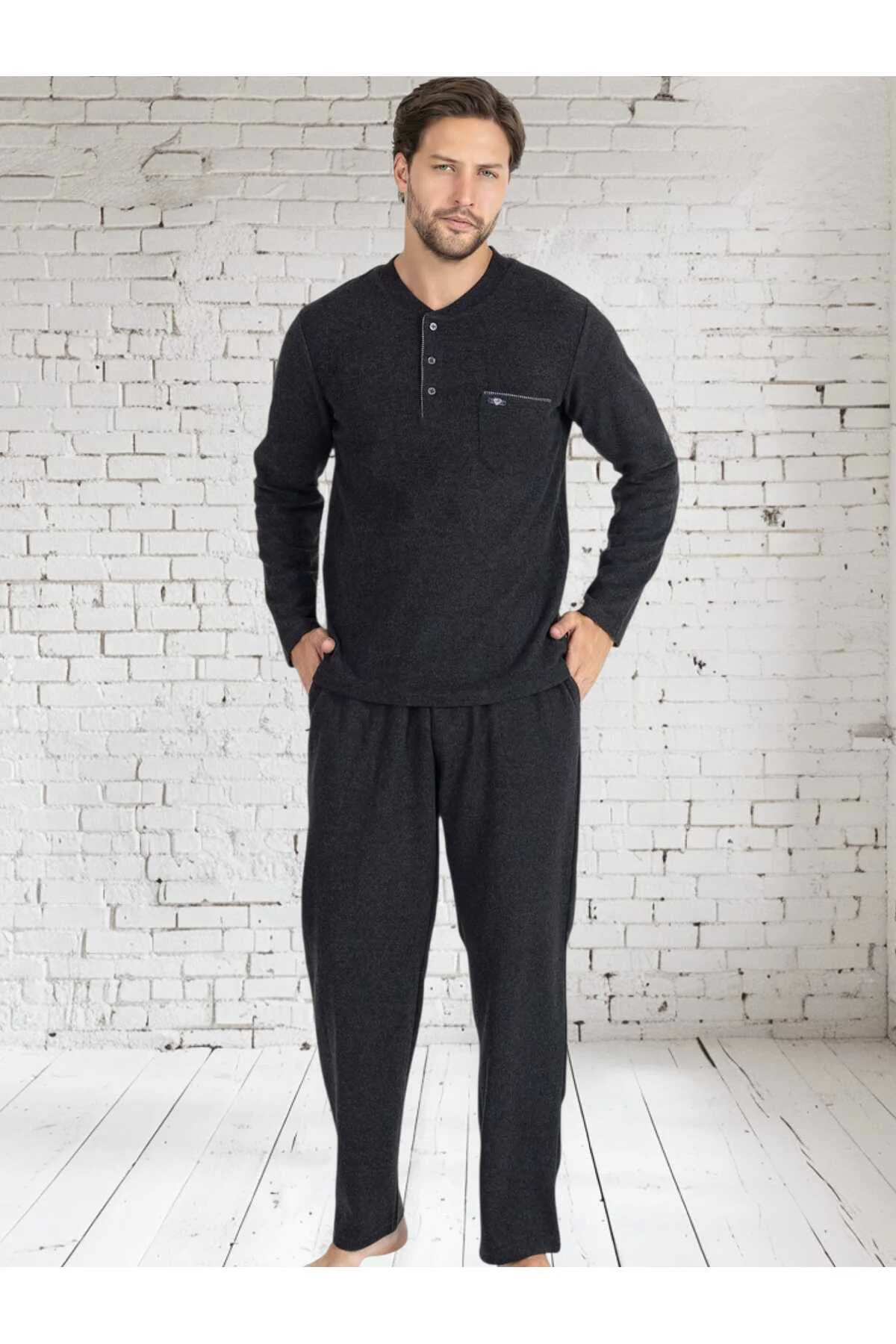 %100 Pamuk Selanik Örme Uzun Kol Erkek Pijama Takımı Kışlık ANTRASİT
