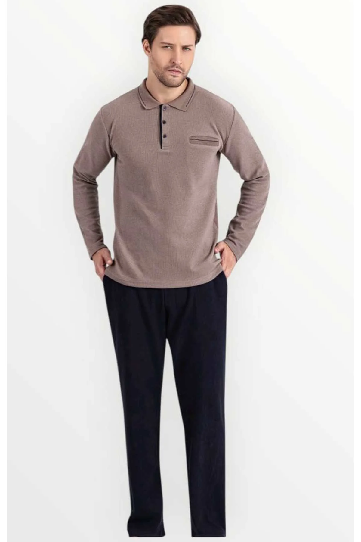 %100 Pamuk Selanik Örme Uzun Kol Erkek Pijama Takımı Kışlık BEJ