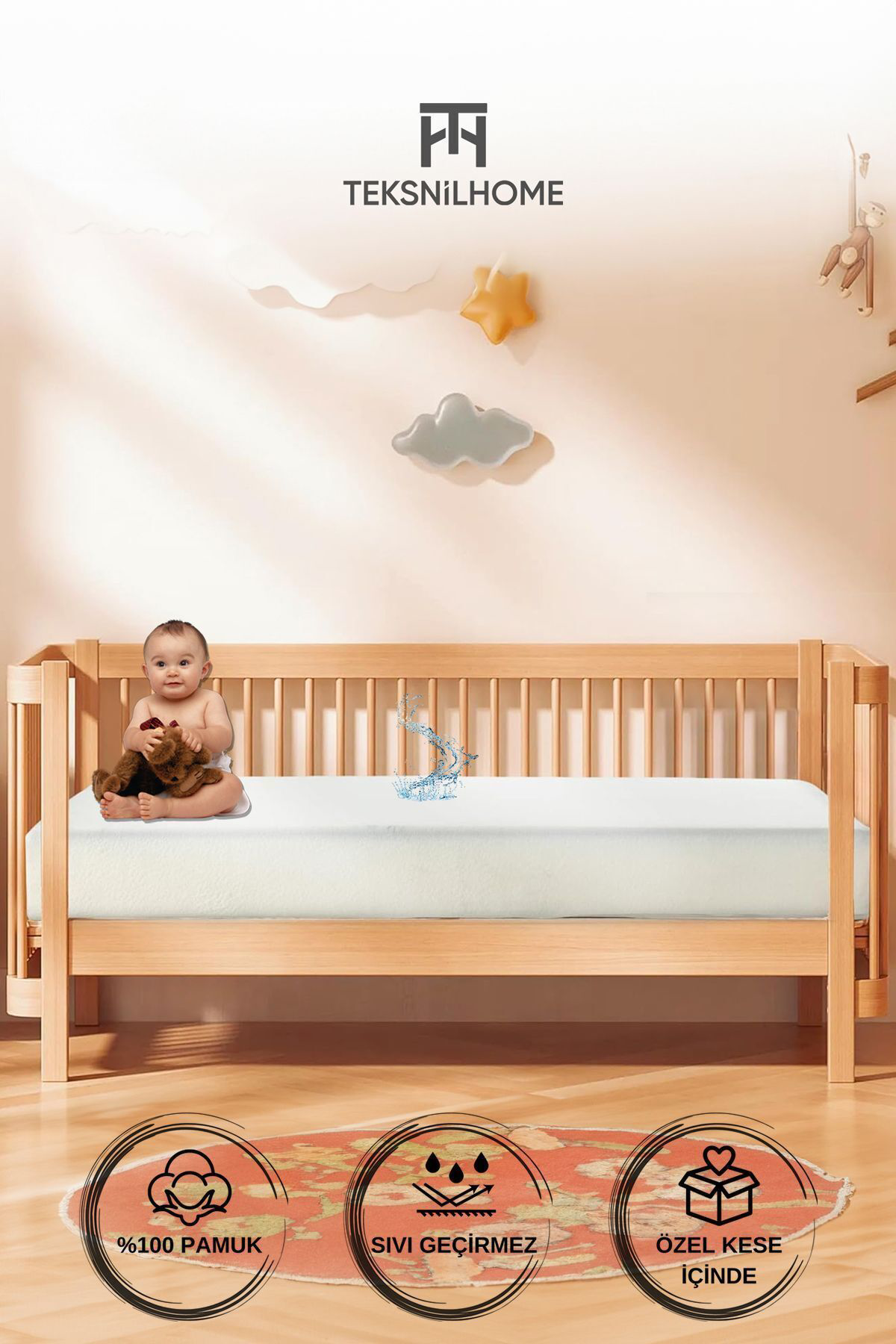 Teksnil Home | %100 Pamuk Sivi Geçirmez Bebek Yatak Koruyucu Alez | Beşik Kreş